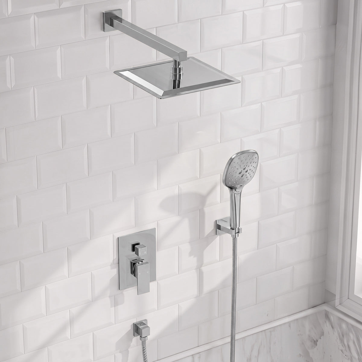 Square Wall-Mounted Pressure-Balanced Shower System with Adjustable Handheld