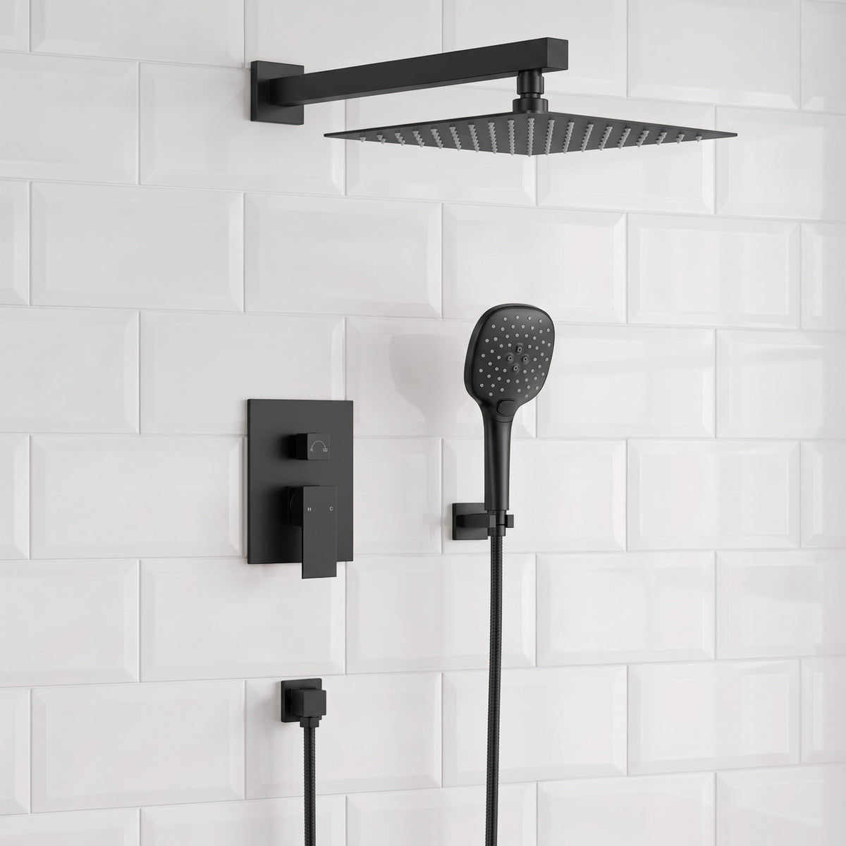 Square Wall-Mounted Pressure-Balanced Shower System with Adjustable Handheld