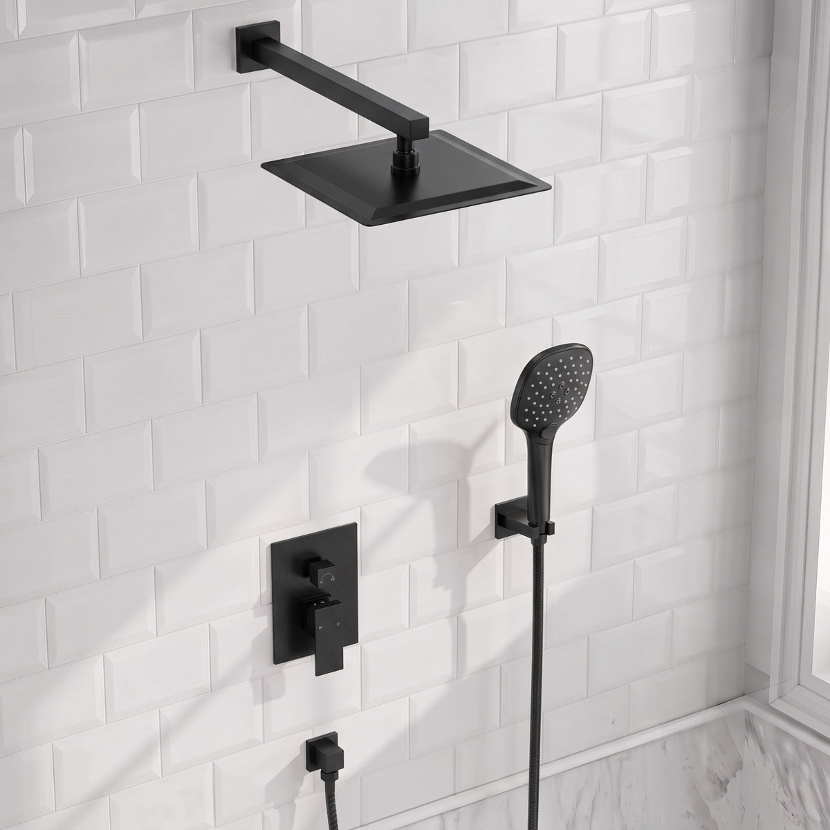 Square Wall-Mounted Pressure-Balanced Shower System with Adjustable Handheld