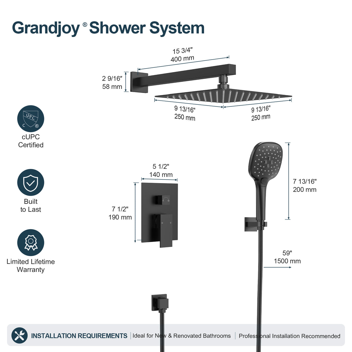 Square Wall-Mounted Pressure-Balanced Shower System with Adjustable Handheld