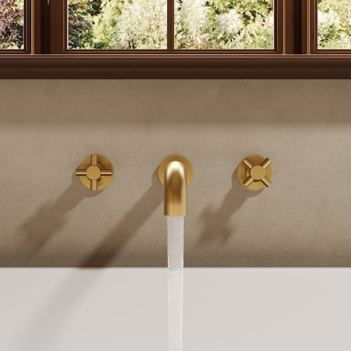 Wall-Mounted Long-Spout Roman Bathtub Faucet with Dual Handles
