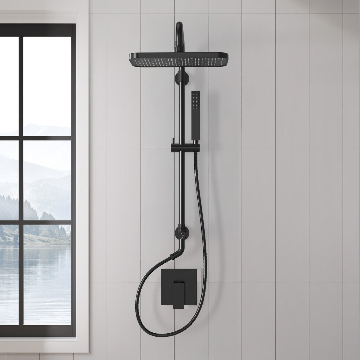 Exposed Shower System with Wide Rain Head and Handheld Spray