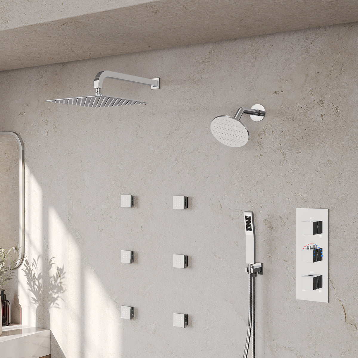 Wall-Mounted Thermostatic Dual Shower System with Six Body Jets