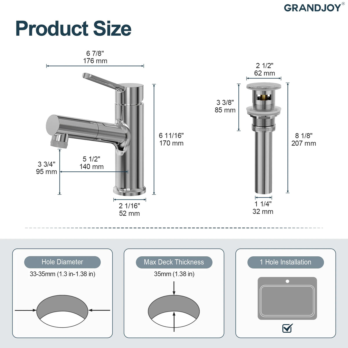 Single-Handle Pull-Out Bathroom Sink Faucet With Dual Spray Modes And Pop-Up Drain