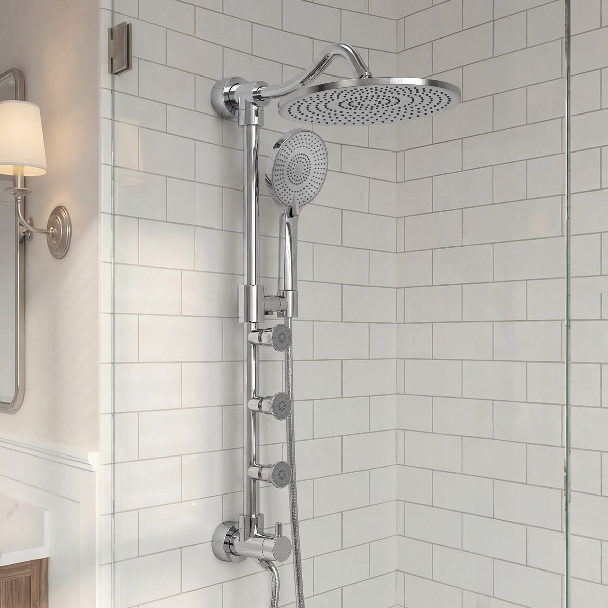Exposed Rain Shower System with Handheld and Side Sprays