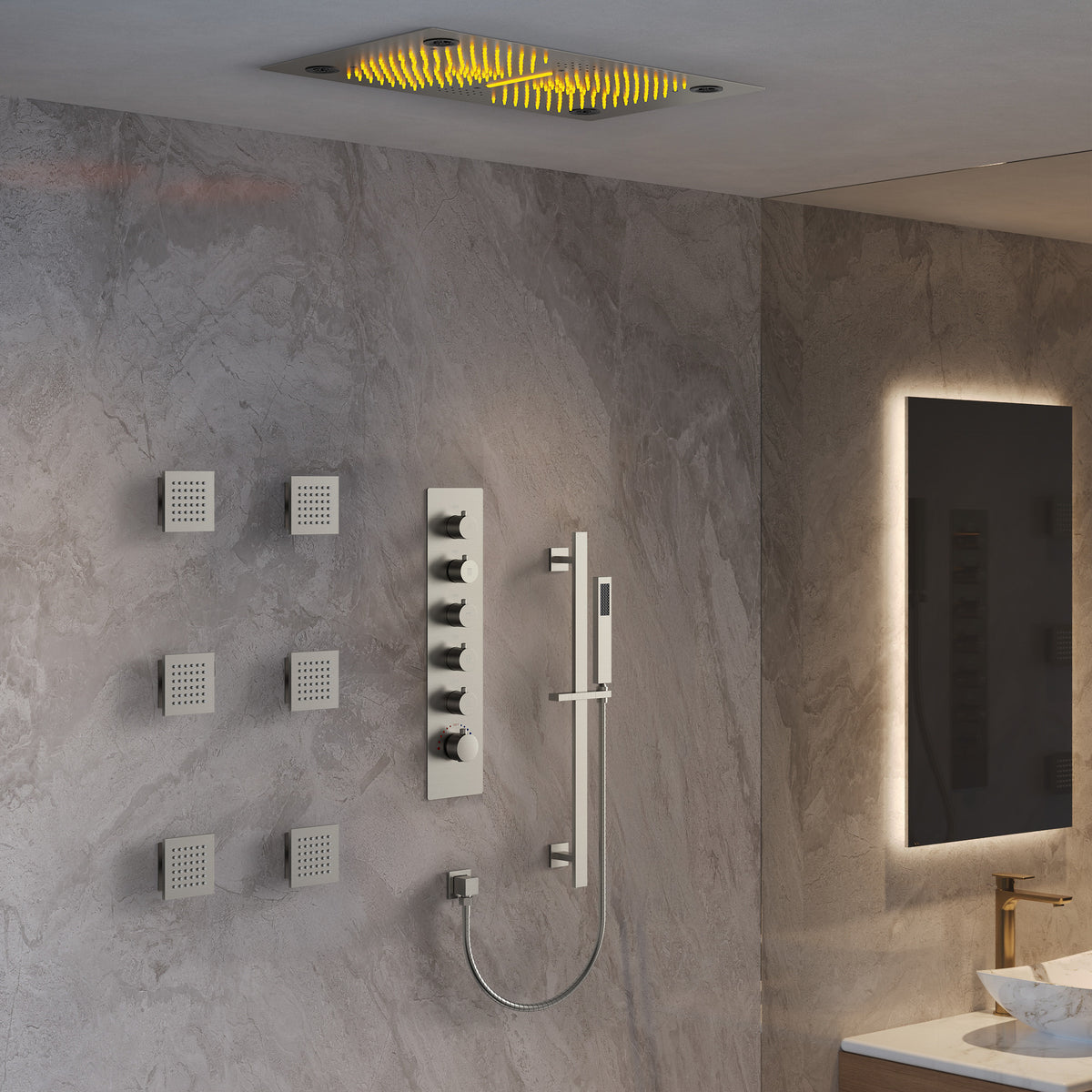LED Music Ceiling-Mounted Shower System with Body Jets and Slide Bar
