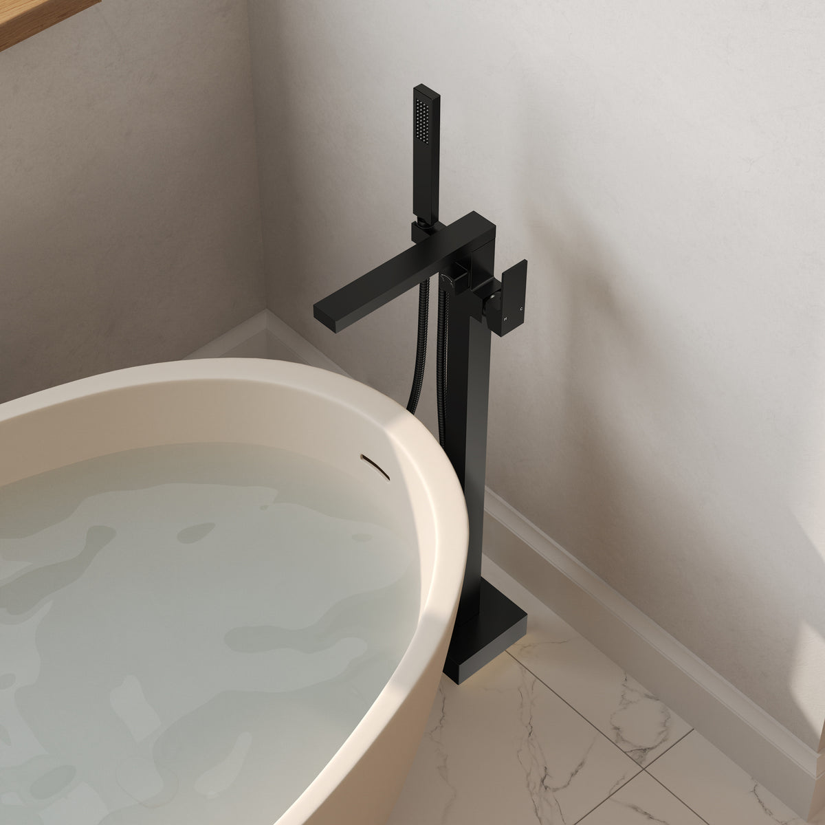 Freestanding Floor-Mounted Bathtub Faucet with Hand Shower and Swivel Spout
