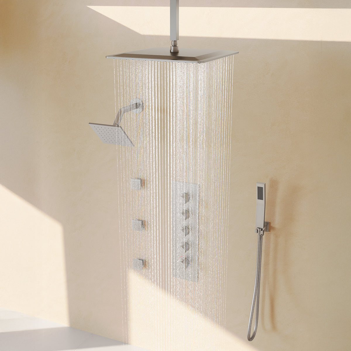 Ceiling-Mounted Multi-Spray Shower System with Secondary Wall Head
