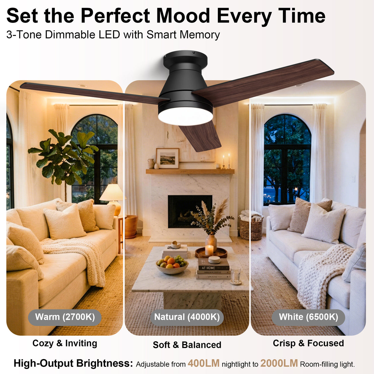 52-Inch Flush Mount 3-Blade Ceiling Fan with Light and Remote Control