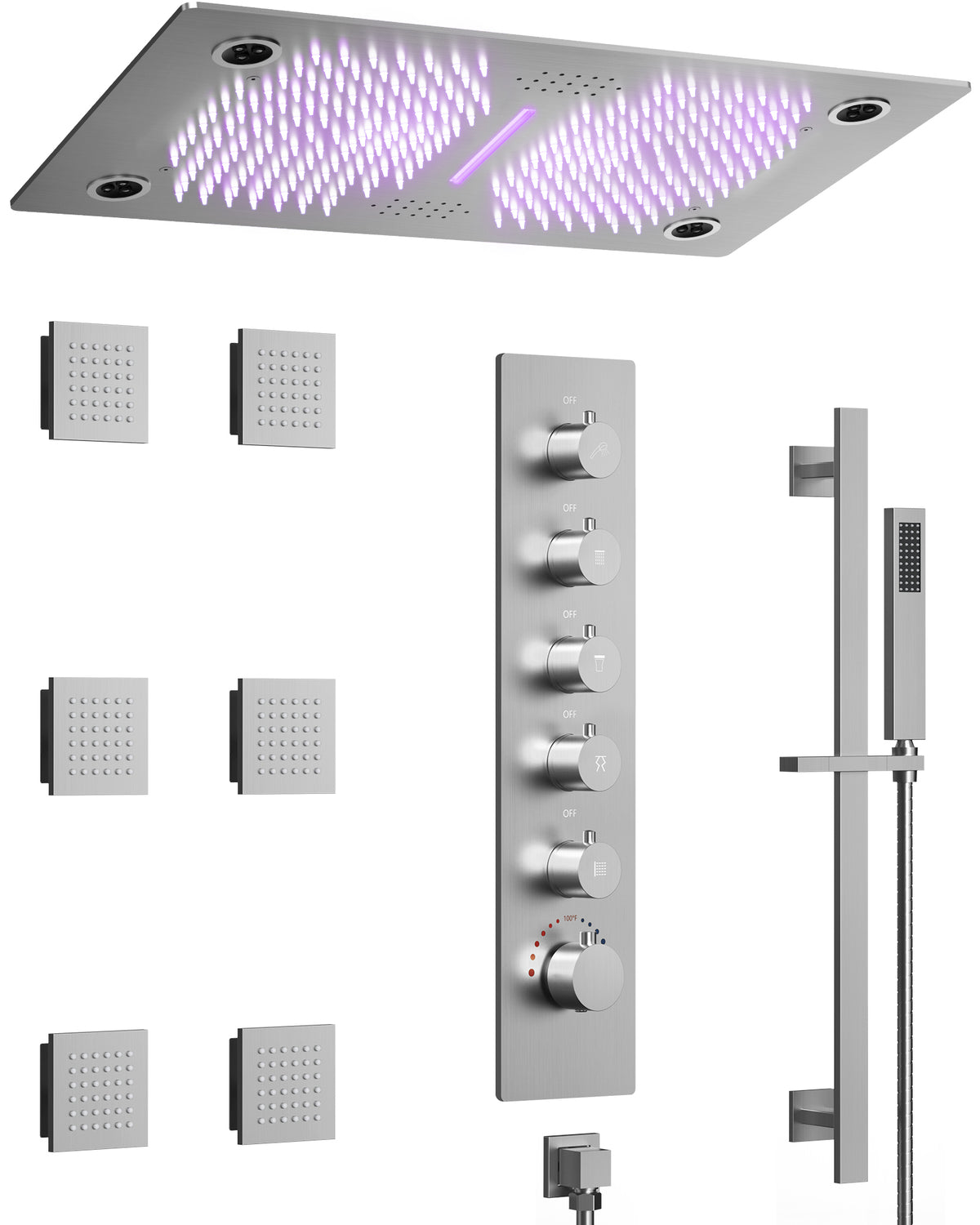 LED Music Ceiling-Mounted Shower System with Body Jets and Slide Bar