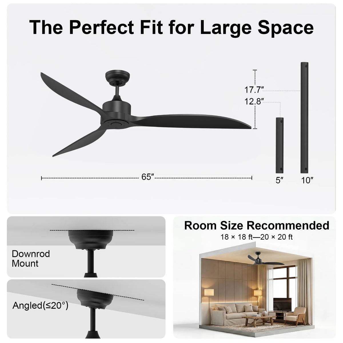 65-Inch Downrod Mount 3-Blade Ceiling Fan without Light