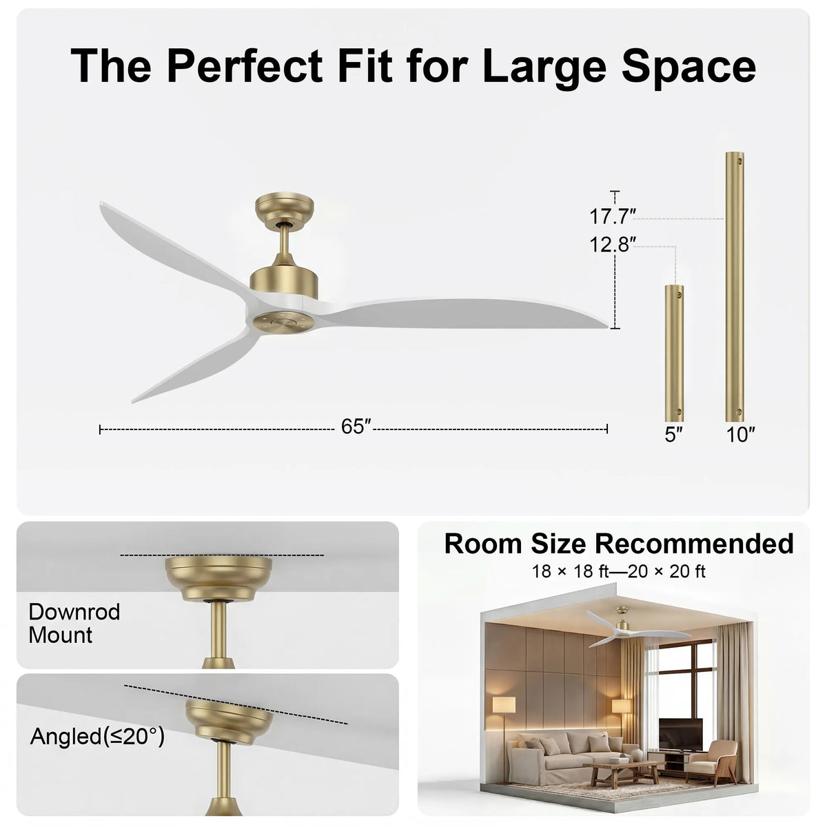 65-Inch Downrod Mount 3-Blade Ceiling Fan without Light