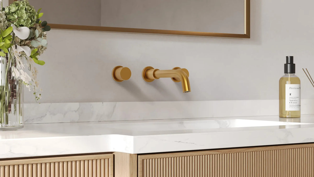 Two-Handle Wall-Mount Bathroom Sink Faucet With Pop-Up Drain