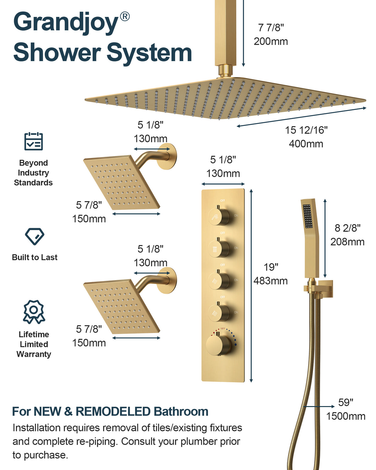 Ceiling-Mounted Triple-Head Shower System with Adjustable Handheld Spray