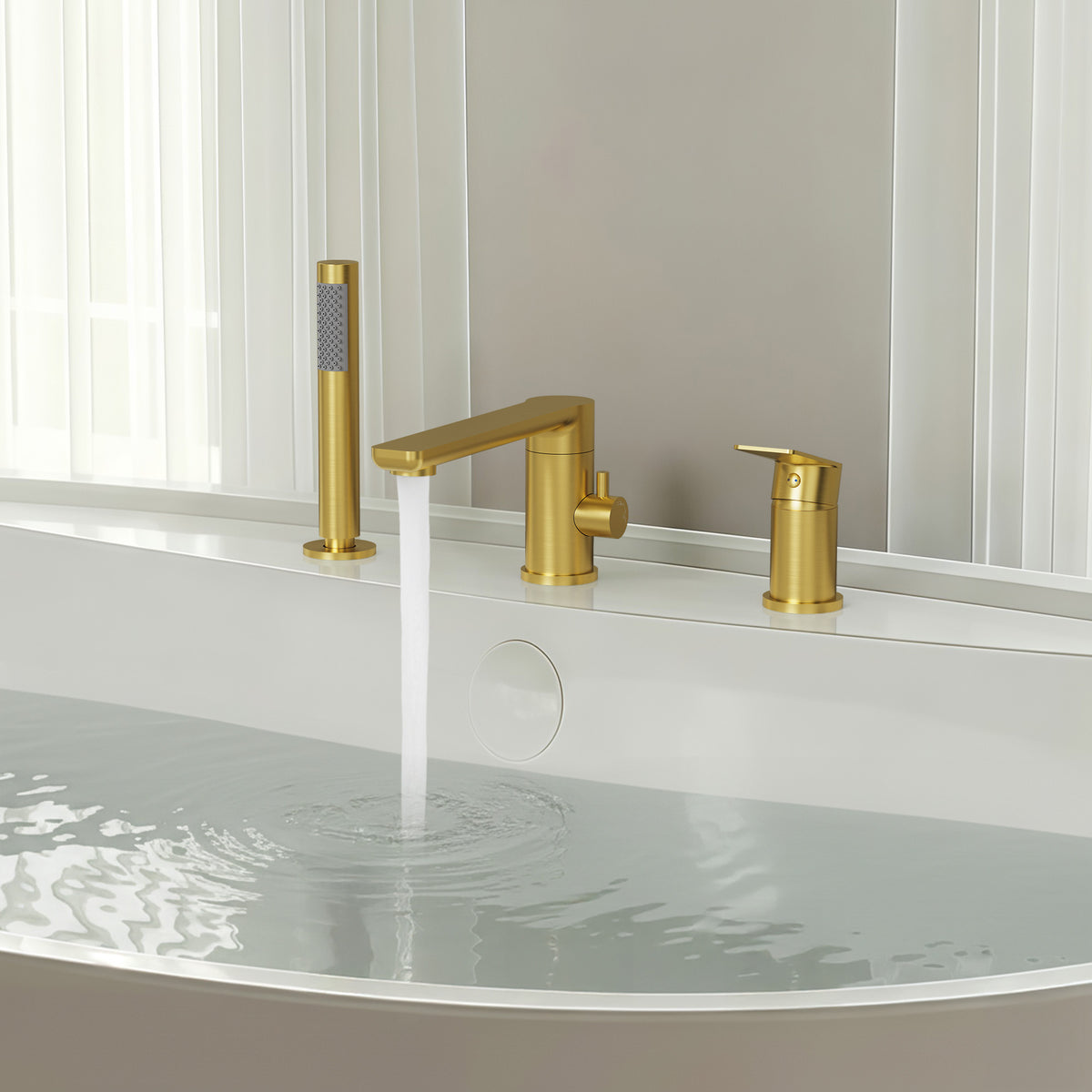 Low-Arc Deck-Mounted Bathtub Faucet with Hand Shower and Swivel Spout