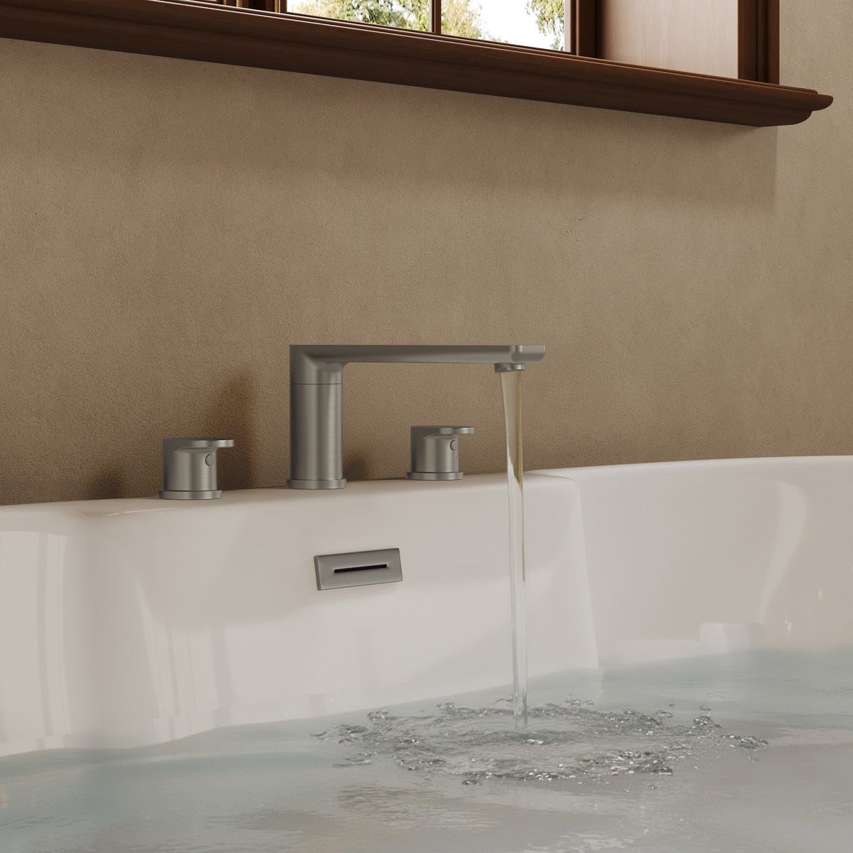 Low-Arc Deck-Mounted Roman Bathtub Faucet with Dual Handles