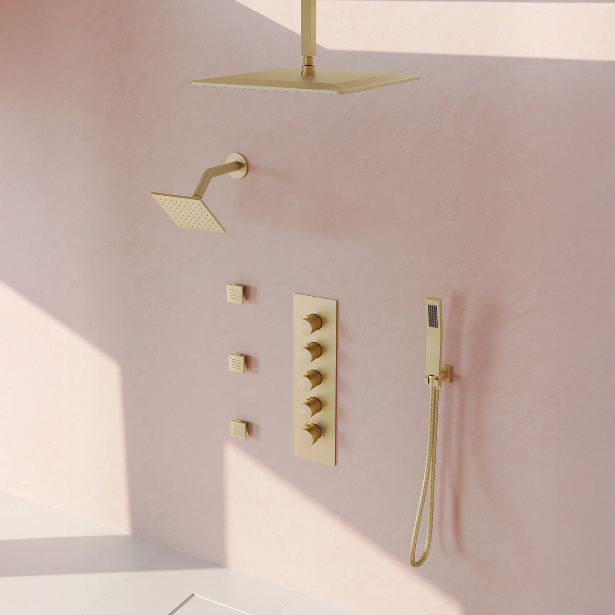 Ceiling-Mounted Multi-Spray Shower System with Secondary Wall Head