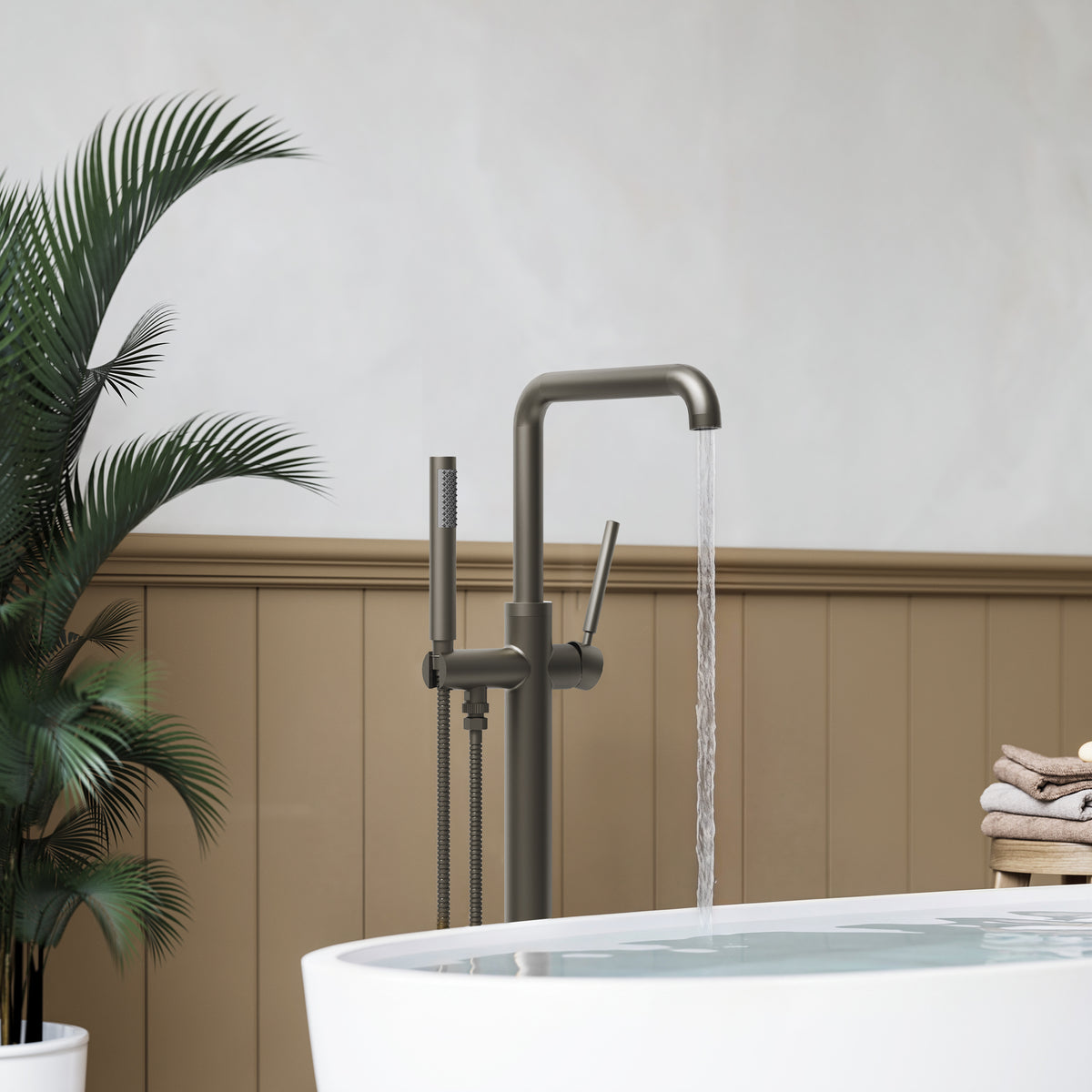 Floor-Mounted Bathtub Faucet with Swivel Spout and Hand Shower