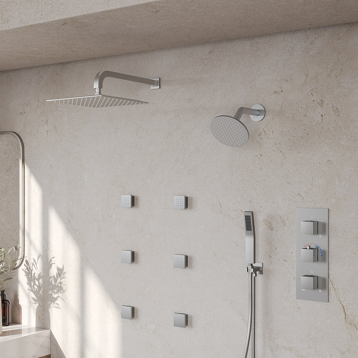 Wall-Mounted Thermostatic Dual Shower System with Six Body Jets