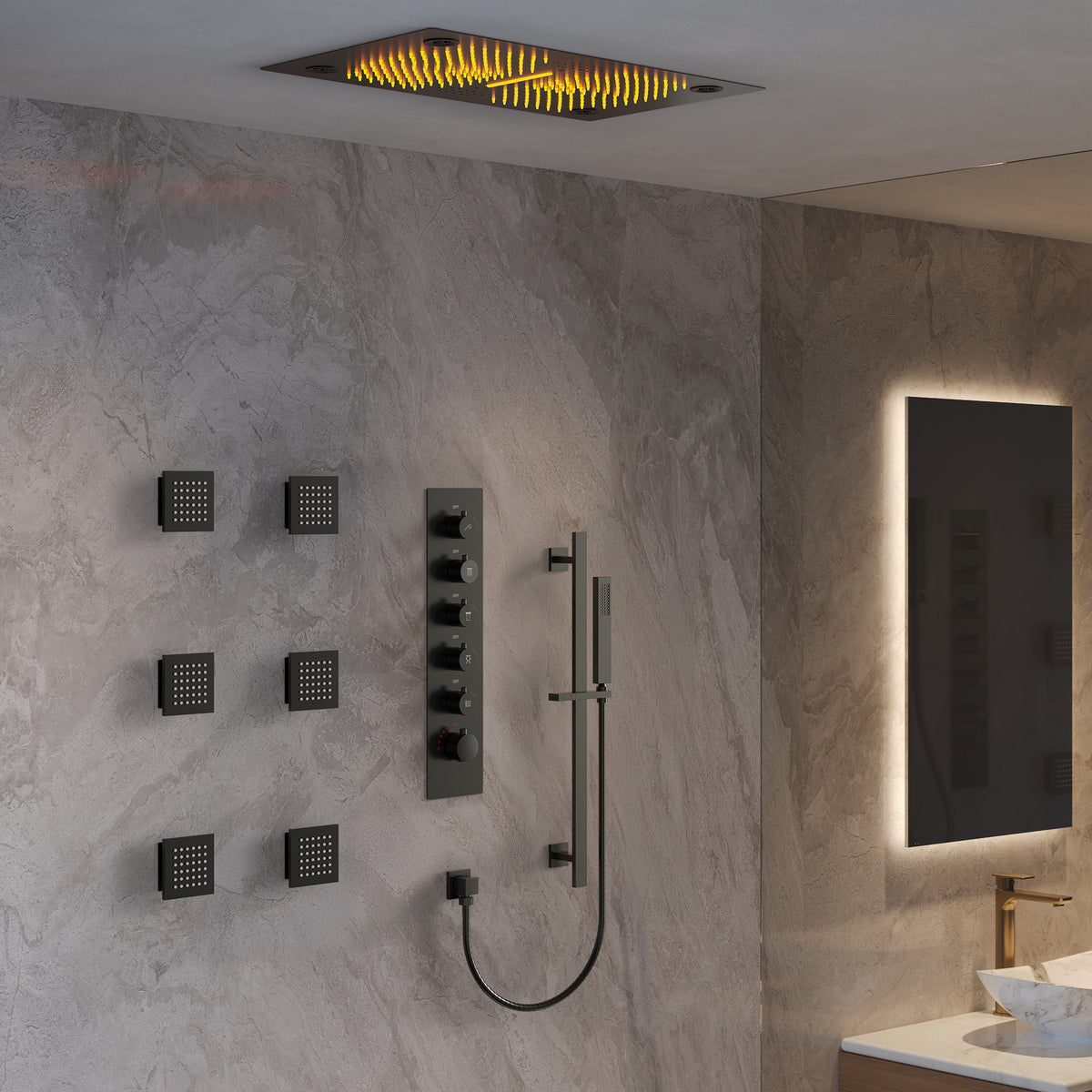 LED Music Ceiling-Mounted Shower System with Body Jets and Slide Bar