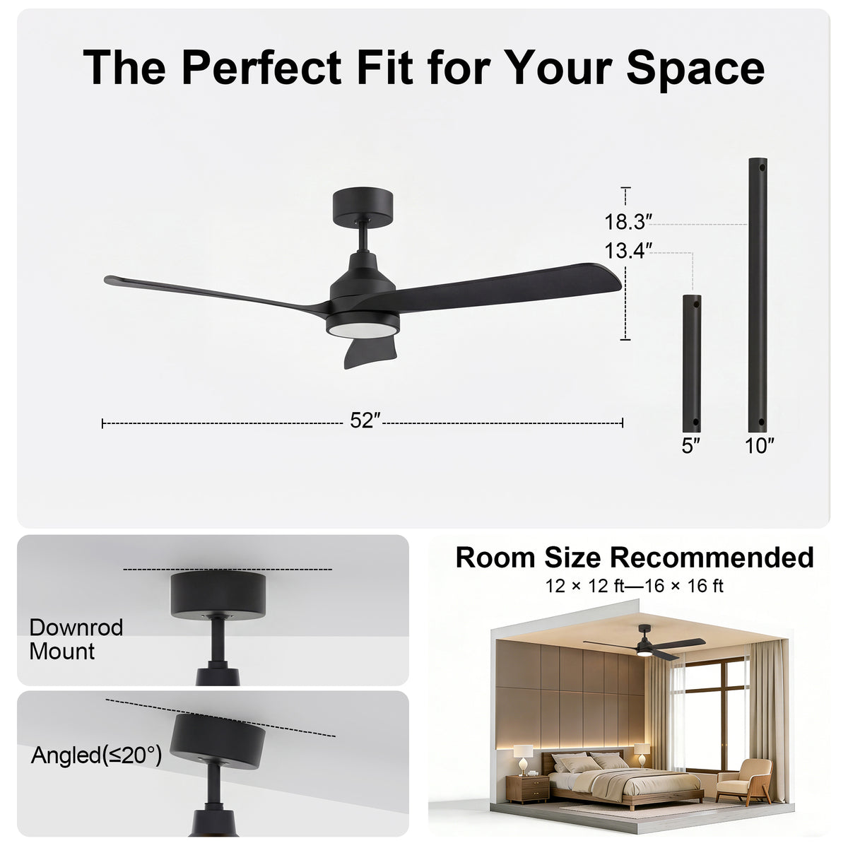 52-Inch Downrod Mount 3-Blade Ceiling Fan with Light and Remote Control