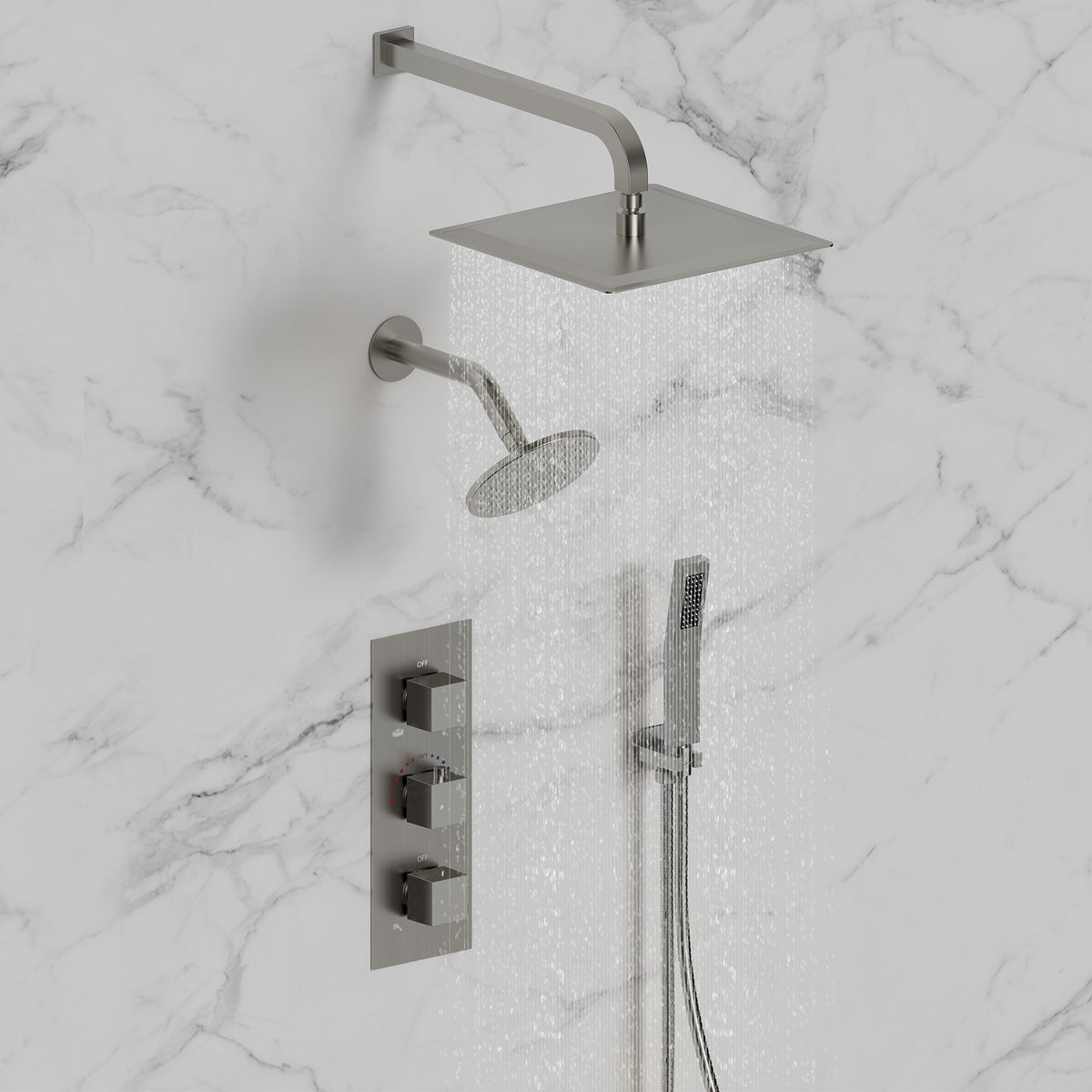 Wall-Mounted Thermostatic Dual Rainfall Shower System with Handheld Spray