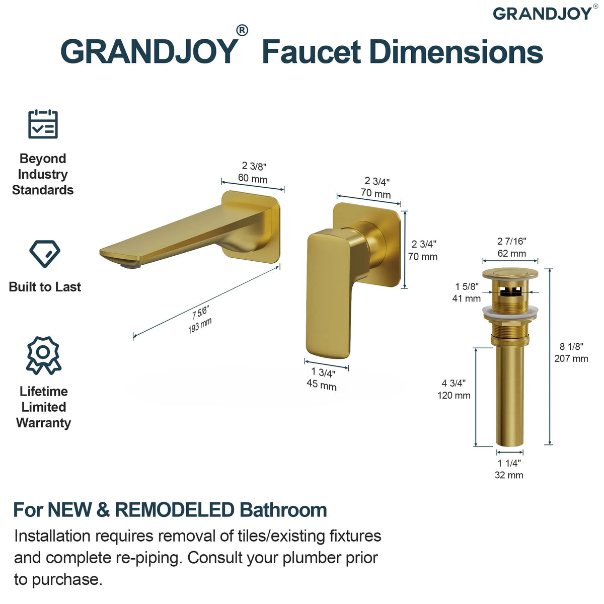 Single-Handle Wall-Mount Bathroom Sink Faucet With Pop-Up Drain