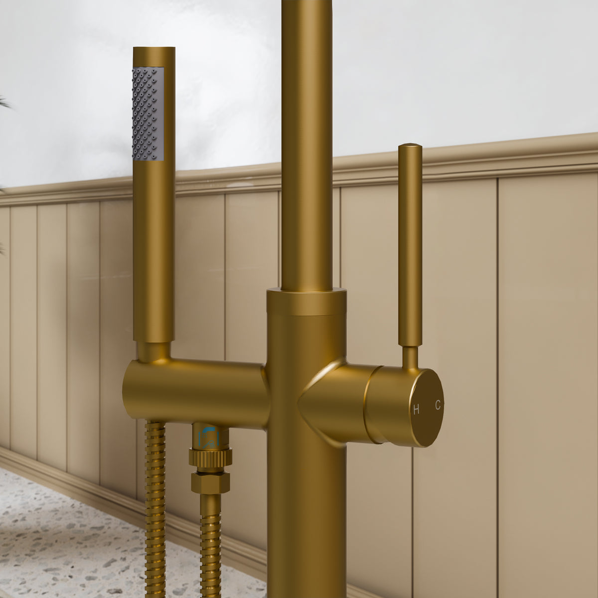 Floor-Mounted Bathtub Faucet with Swivel Spout and Hand Shower