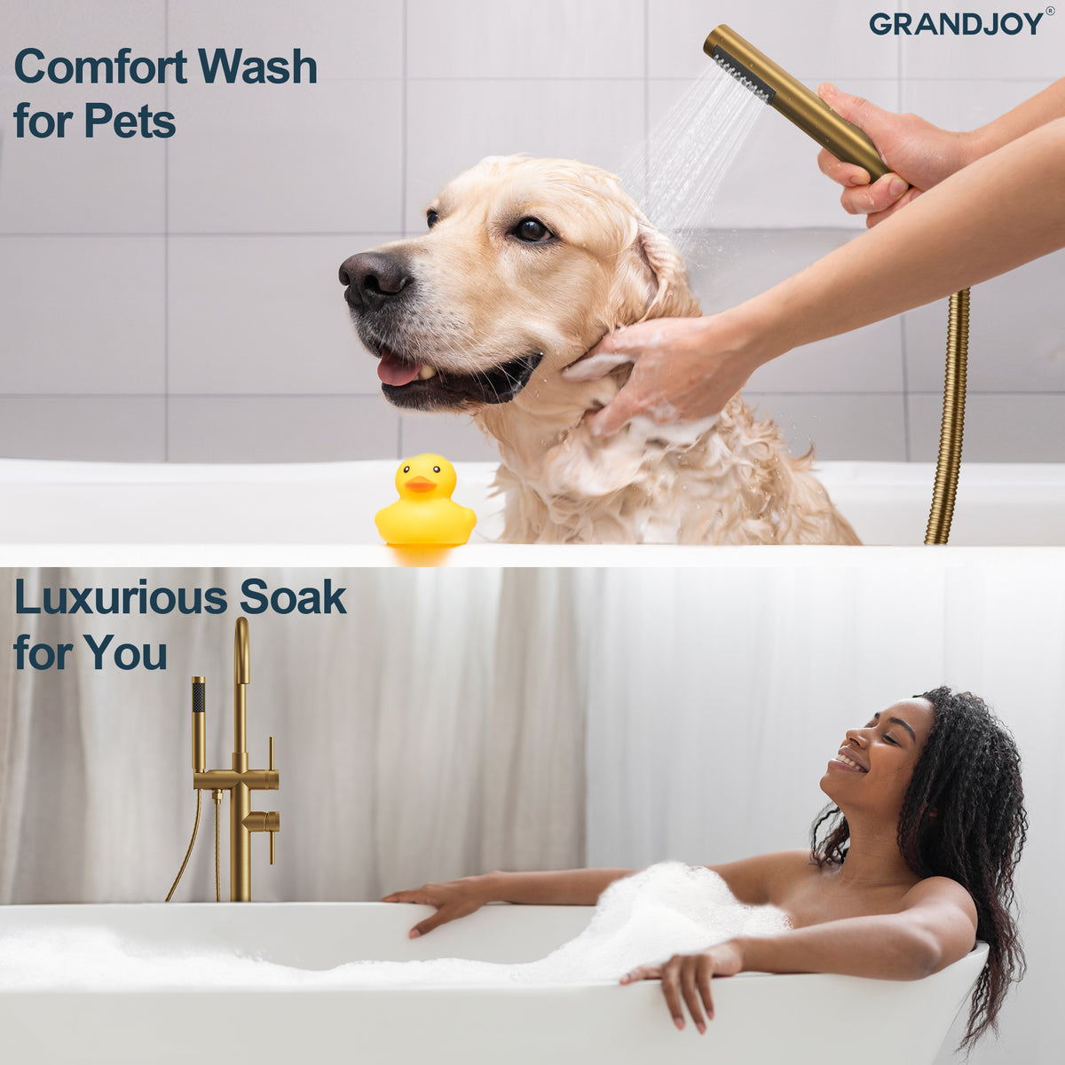 High-Arc Floor-Mounted Freestanding Bathtub Faucet with Hand Shower and Swivel Spout