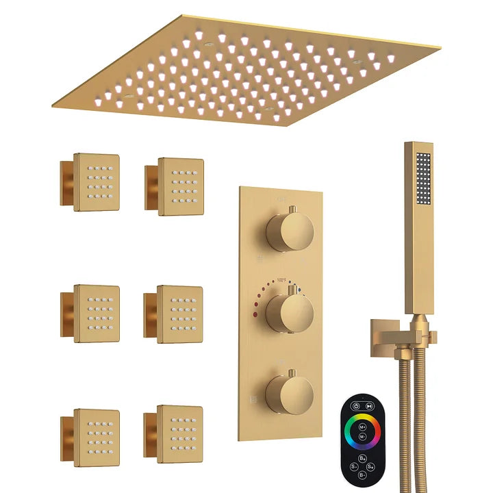 LED Ceiling-Mounted Thermostatic Shower System with Body Jets and Handheld