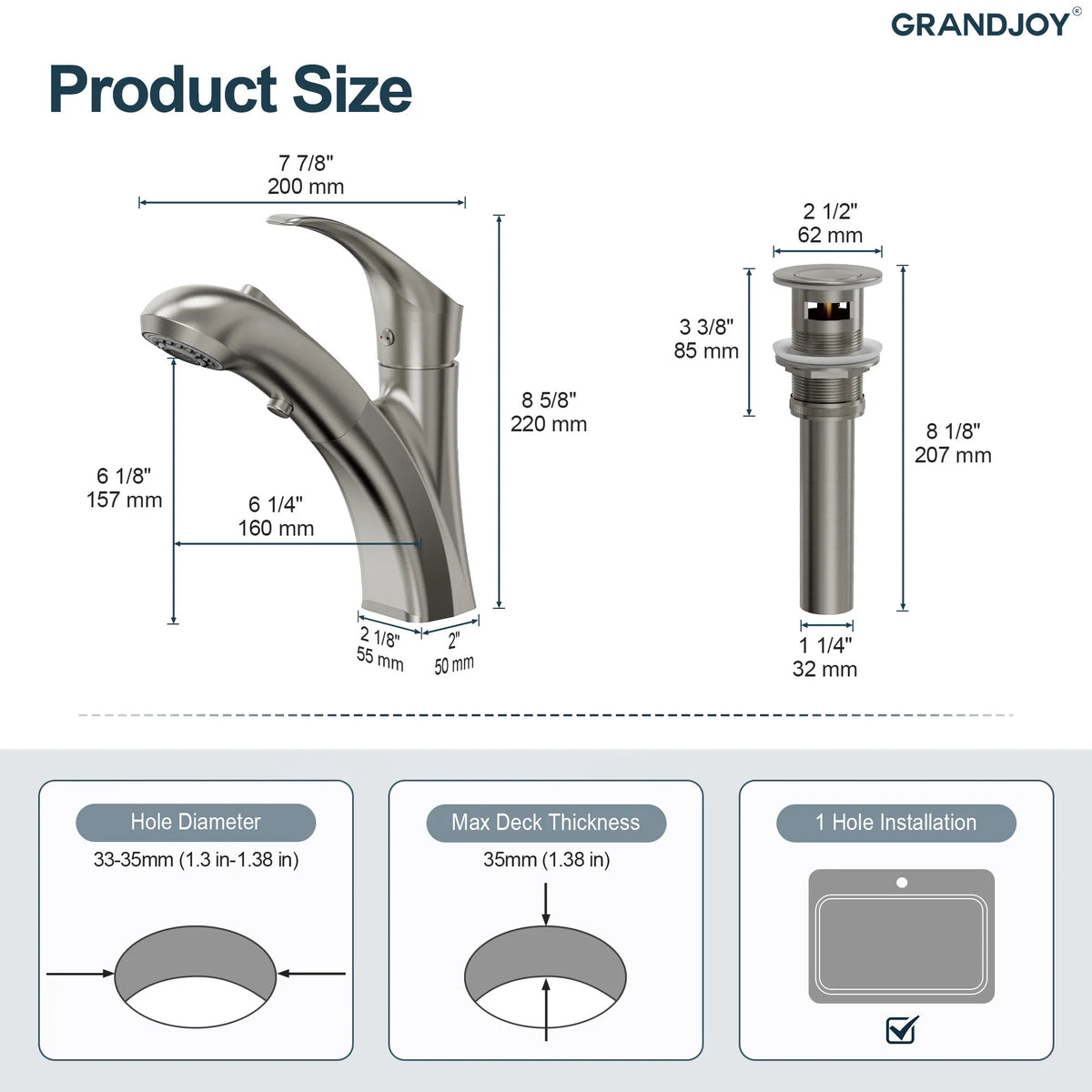 Single-Handle Pull-Out Bathroom Sink Faucet With Dual Spray Modes And Pop-Up Drain