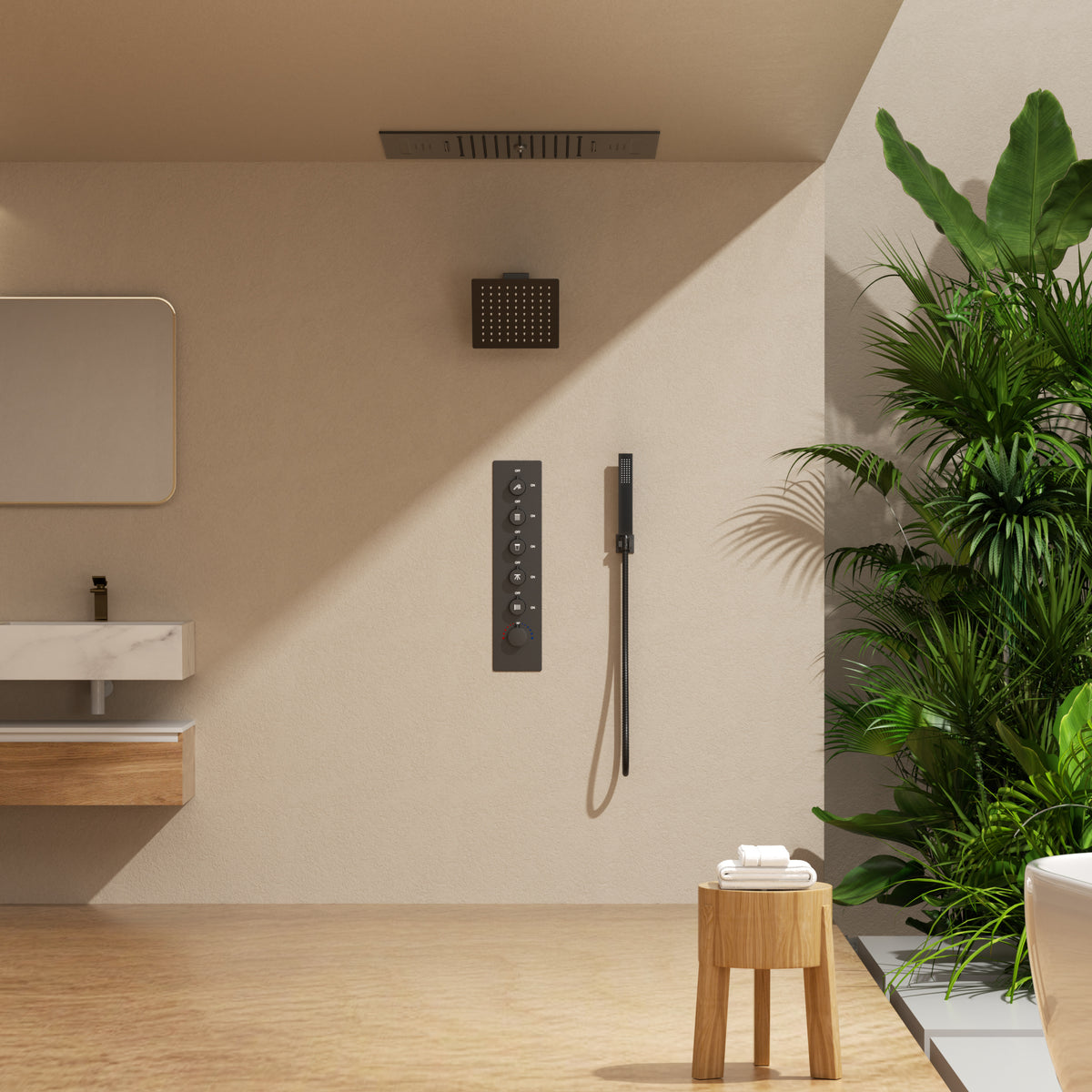 LED Bluetooth Ceiling-Mounted Thermostatic Shower System with Dual Heads