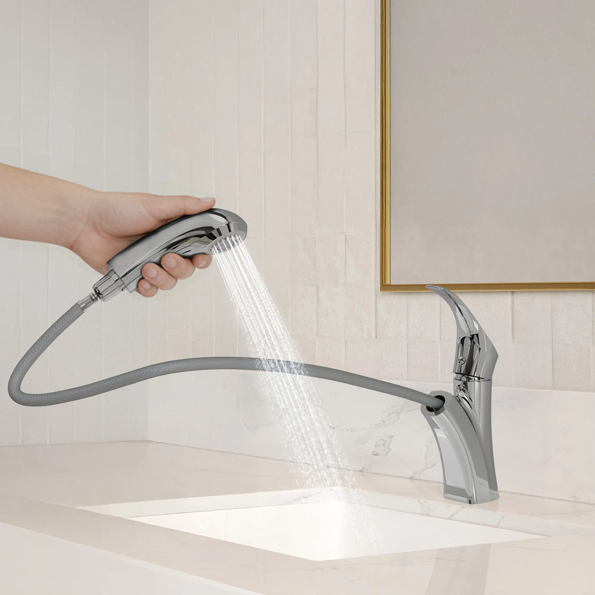 Single-Handle Pull-Out Bathroom Sink Faucet With Dual Spray Modes And Pop-Up Drain