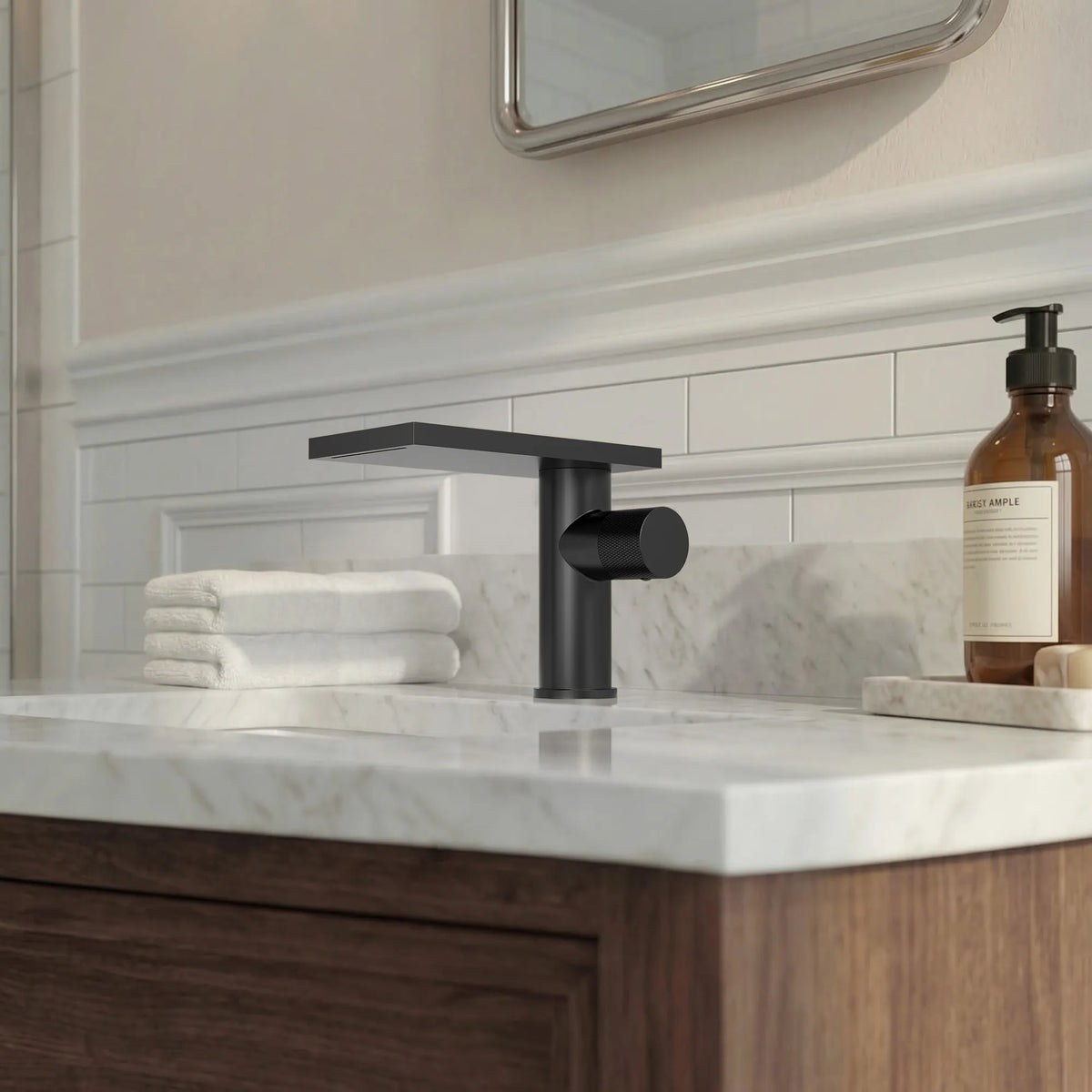 Single-Handle Bathroom Sink Faucet With Waterfall Spout And Pop-Up Drain