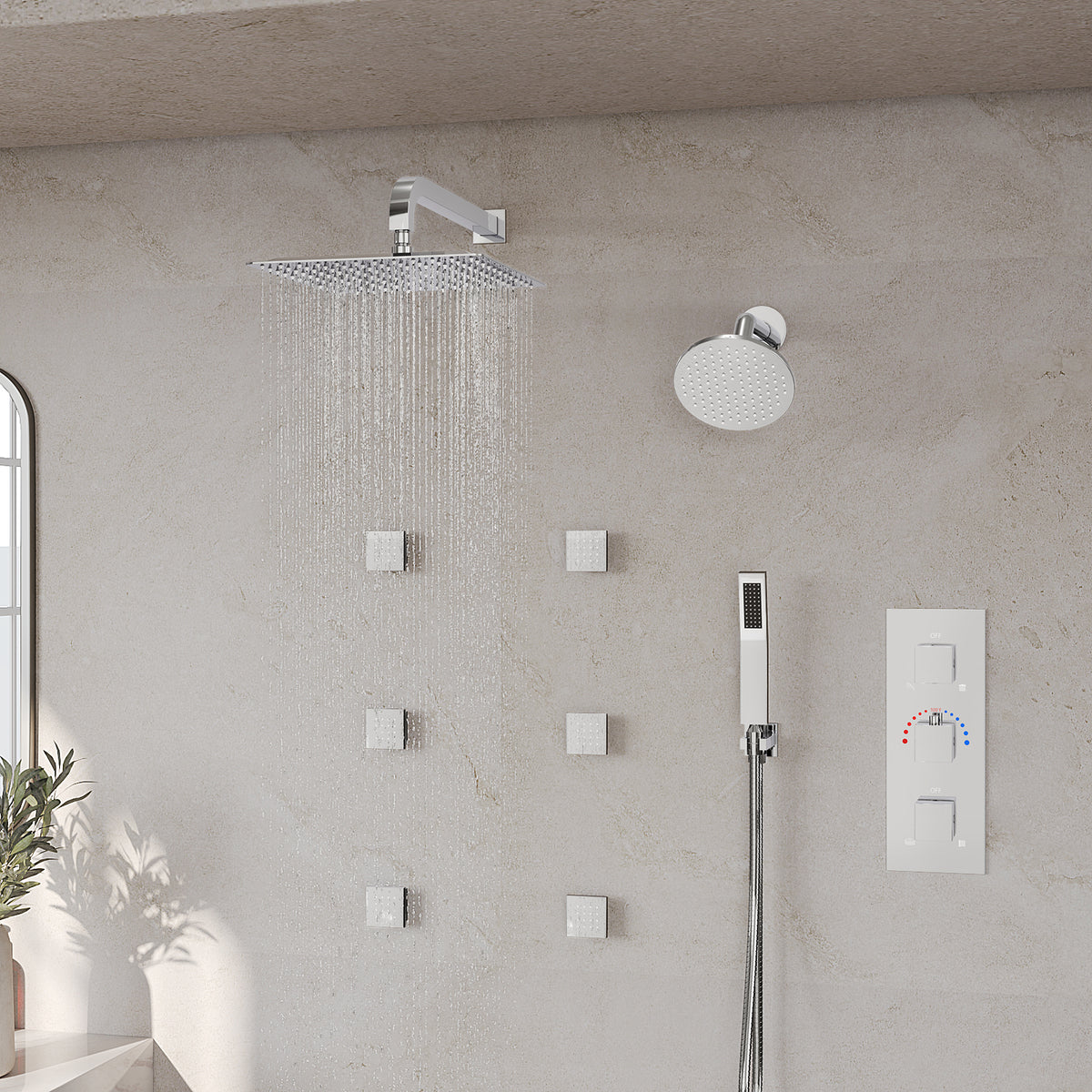 Wall-Mounted Thermostatic Dual Shower System with Six Body Jets