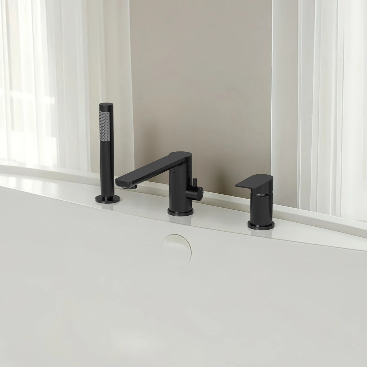 Low-Arc Deck-Mounted Bathtub Faucet with Hand Shower and Swivel Spout