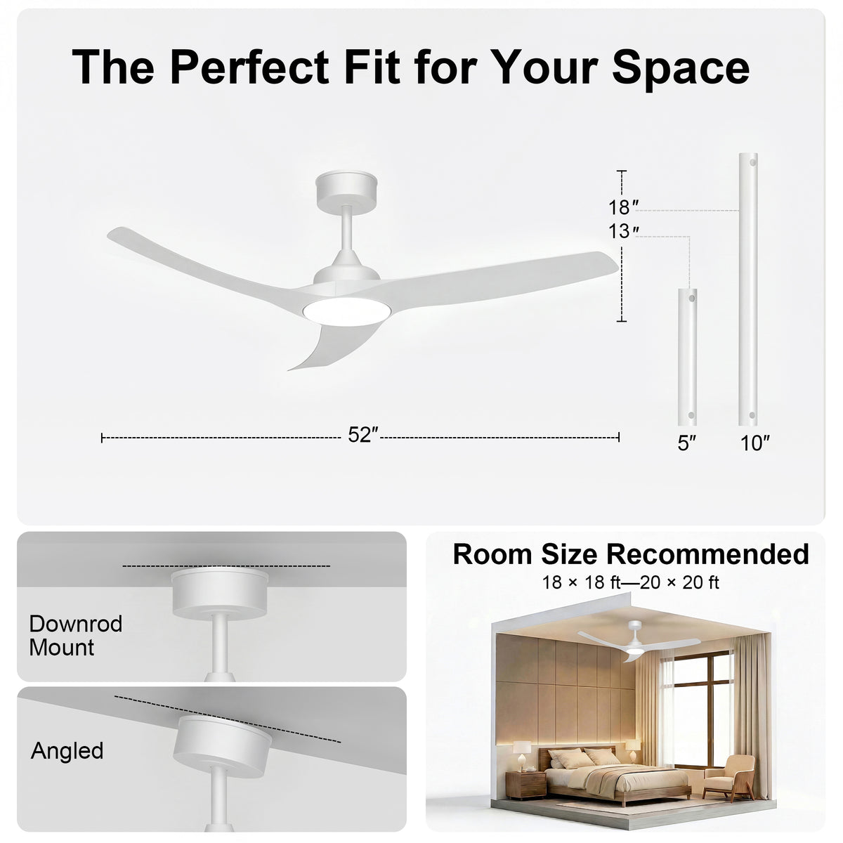 52-Inch Downrod Mount 3-Blade Indoor Outdoor Ceiling Fan with Light and Remote