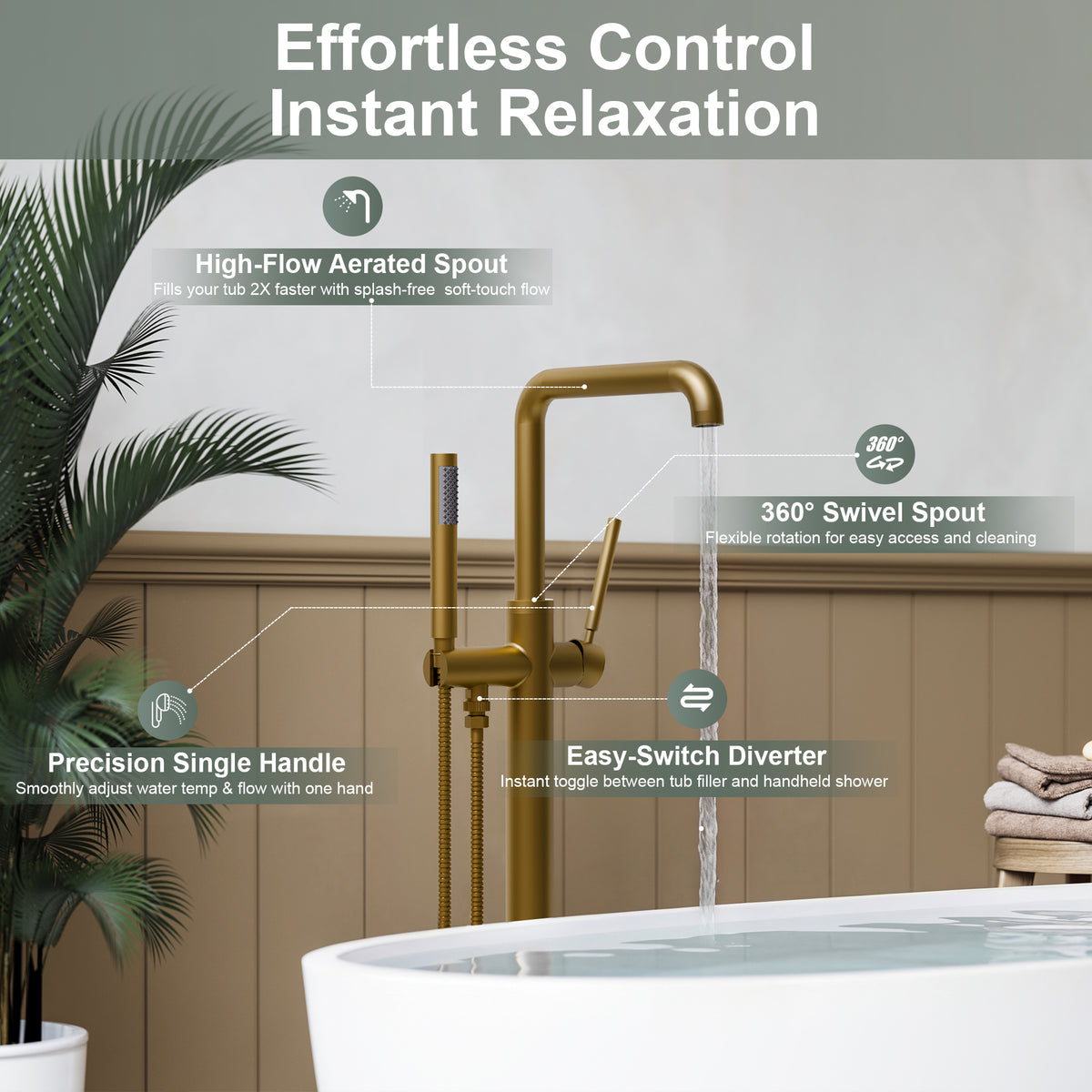 Floor-Mounted Bathtub Faucet with Swivel Spout and Hand Shower