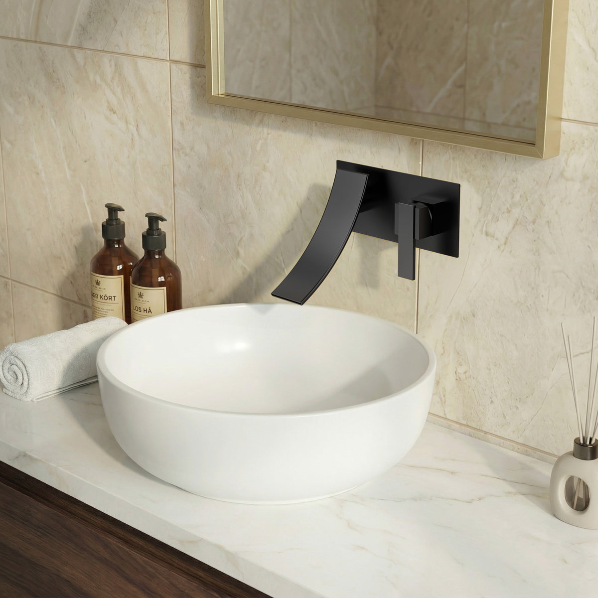 Single-Handle Wall-Mount Bathroom Sink Faucet With Waterfall Spout And Pop-Up Drain