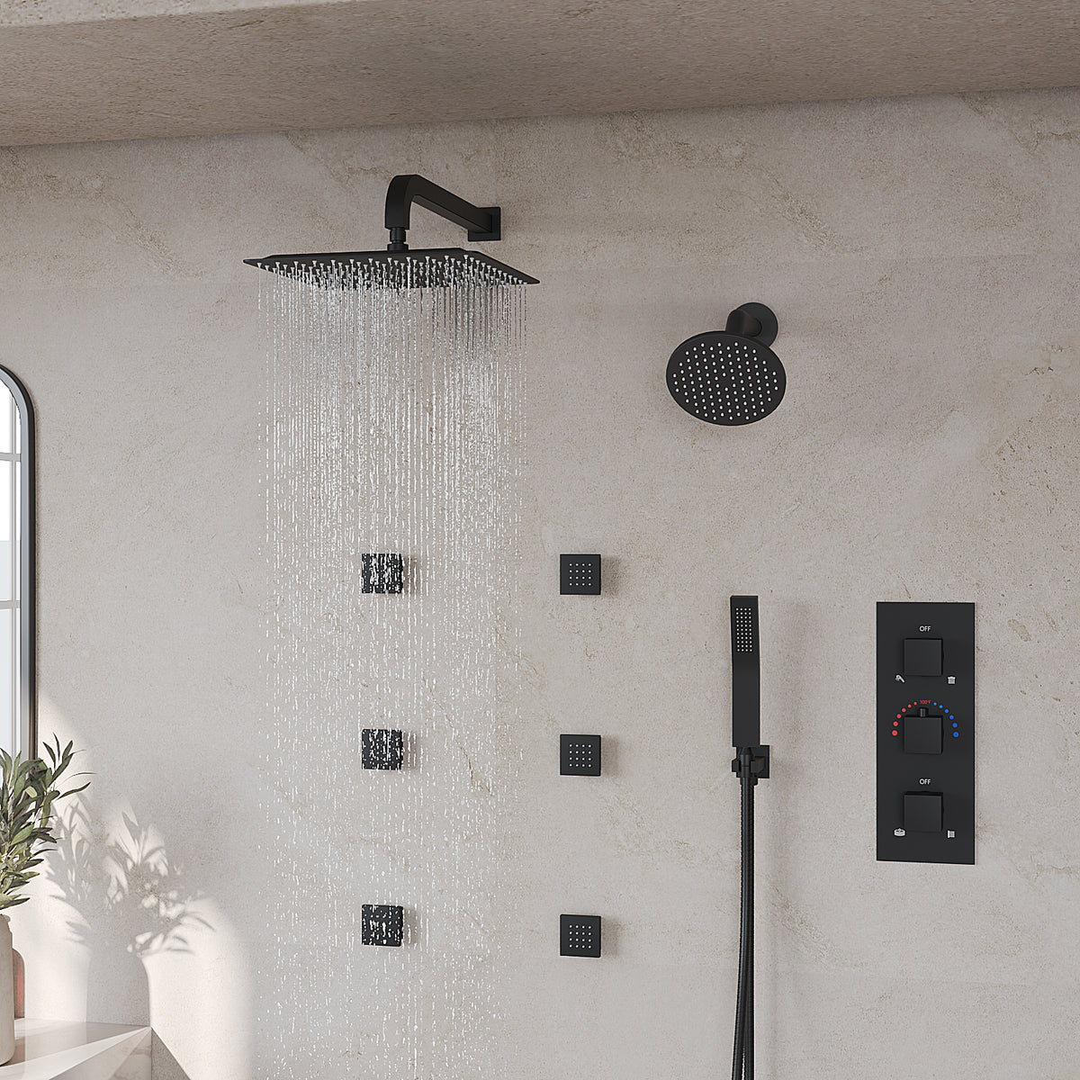 Wall-Mounted Thermostatic Dual Shower System with Six Body Jets