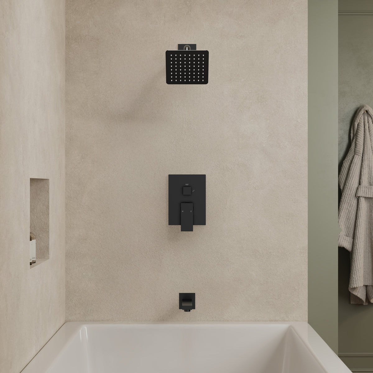 Square Wall-Mounted Shower System with Pressure-Balanced Tub Spout