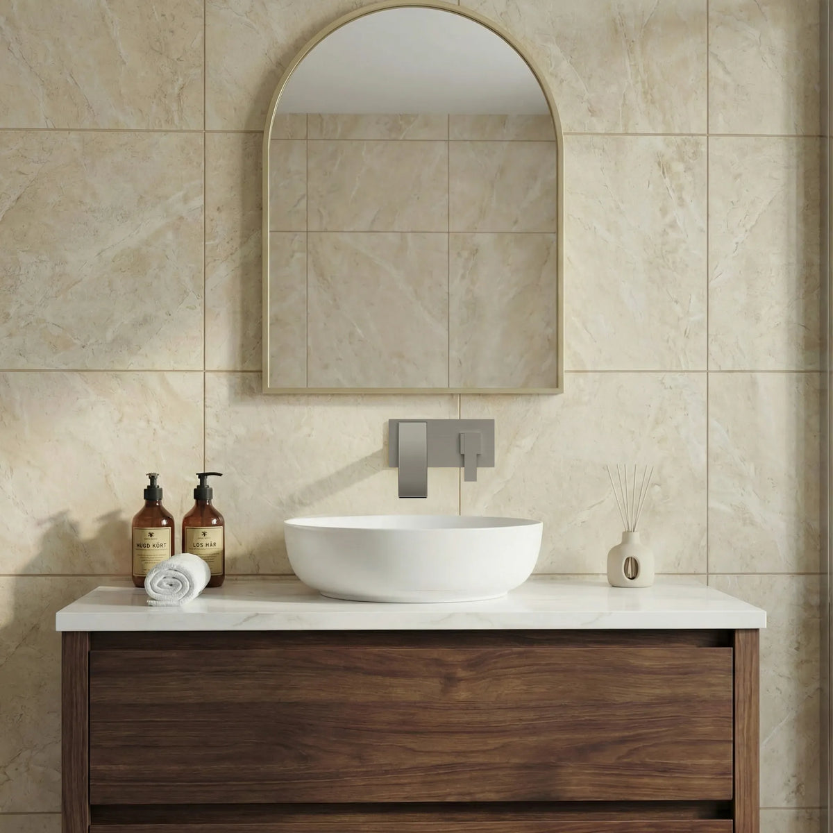 Single-Handle Wall-Mount Bathroom Sink Faucet With Waterfall Spout And Pop-Up Drain