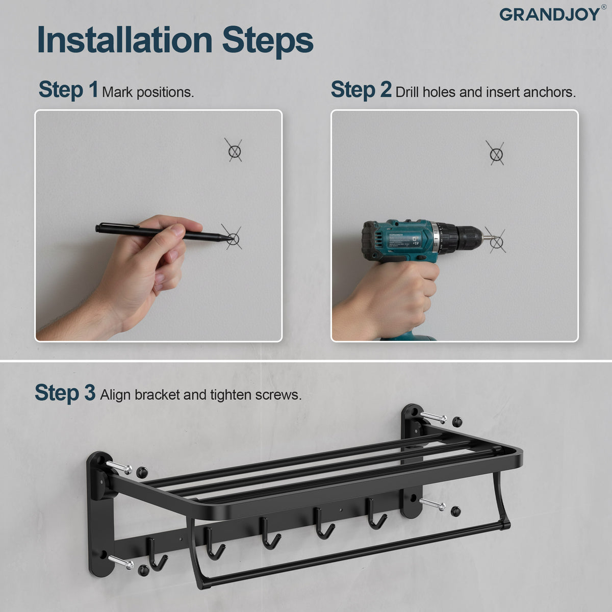 Foldable Wall-Mounted Towel Rack with Shelf and Five Hooks