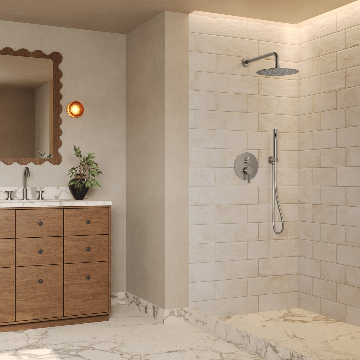 Round Wall-Mounted Shower System with Rainfall Head and Handheld