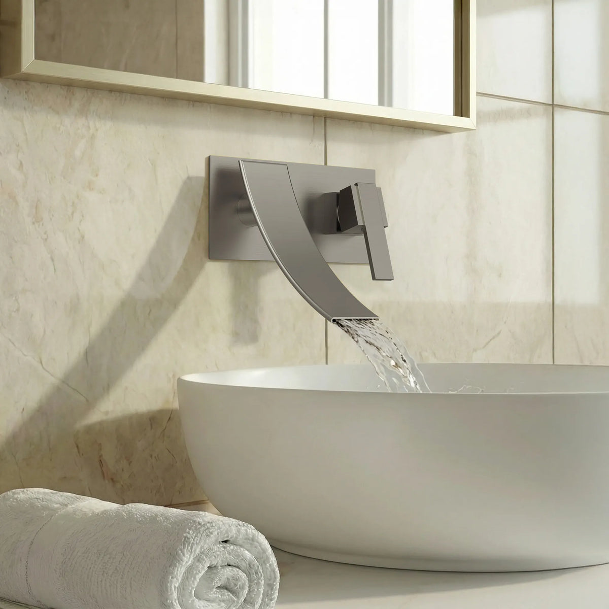 Single-Handle Wall-Mount Bathroom Sink Faucet With Waterfall Spout And Pop-Up Drain
