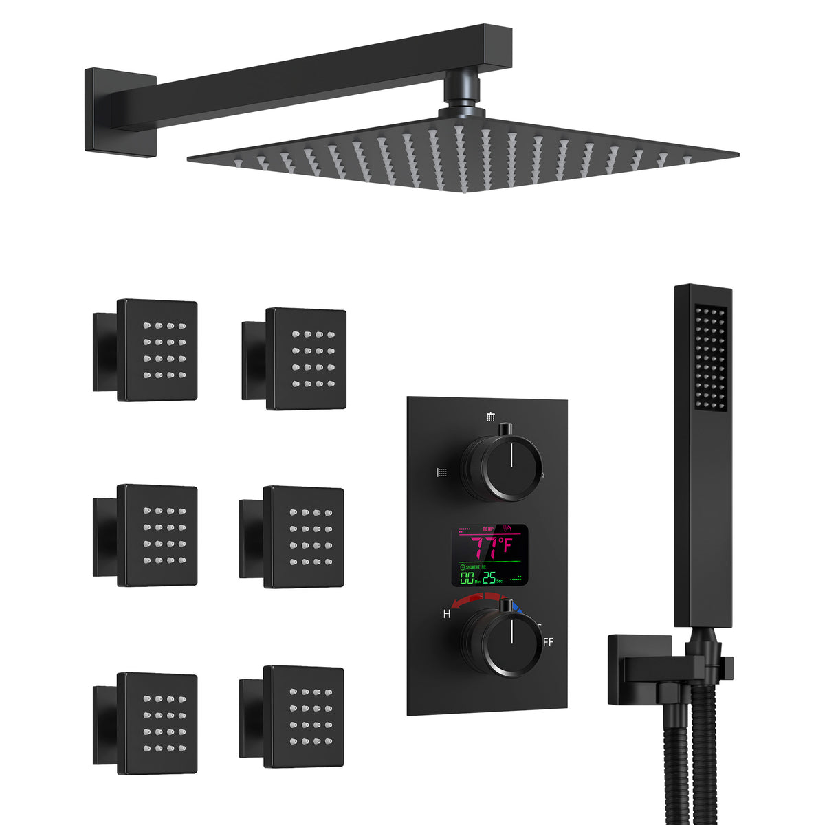 LED Wall-Mounted Shower System with Six Body Jets and Handheld