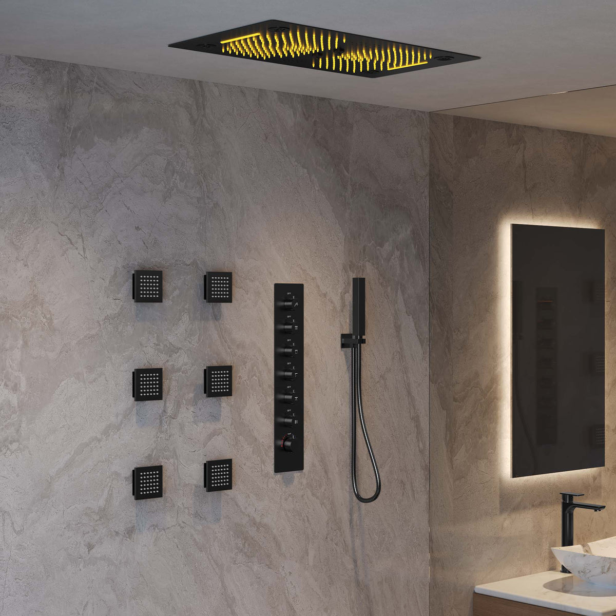 LED Music Ceiling-Mounted Thermostatic Shower System with Body Jets