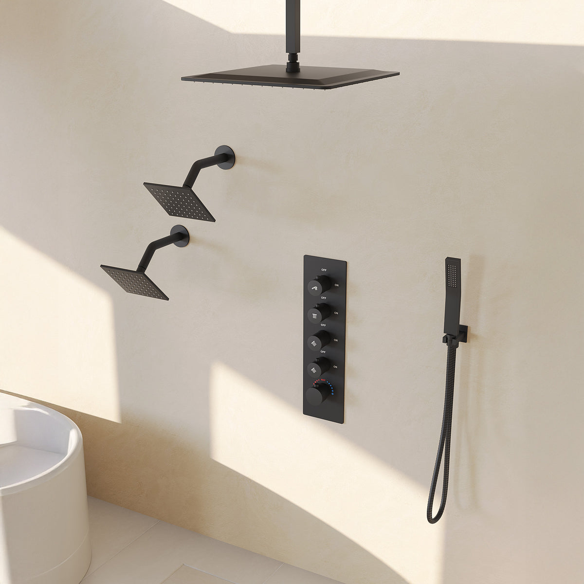 Ceiling-Mounted Triple-Head Shower System with Adjustable Handheld Spray