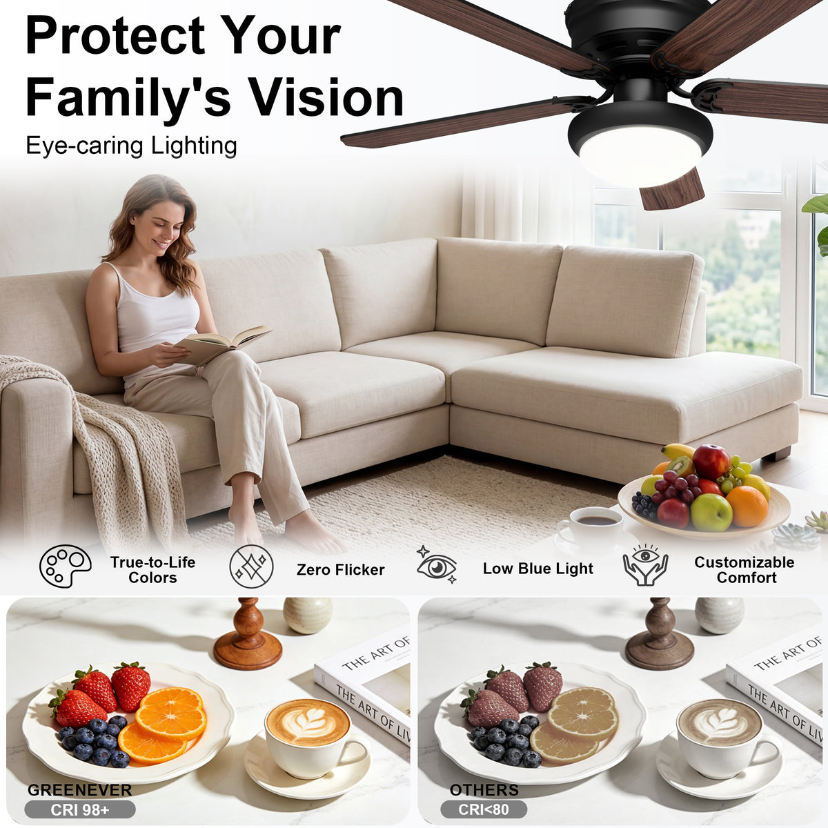 52-Inch Flush Mount 5-Blade Ceiling Fan with Light and Remote Control