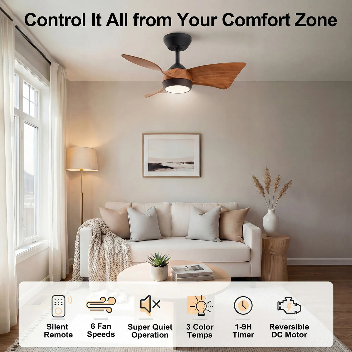 30-Inch Downrod Mount 3-Blade Ceiling Fan with Light and Remote Control